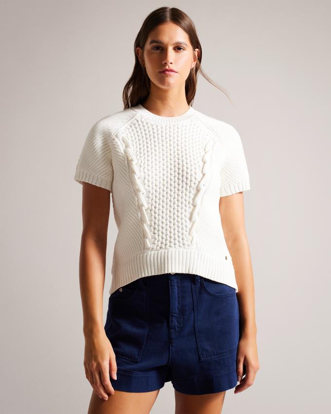 Pull Ted Baker Short Sleeve Cable Knit Blanche Femme | SUE-87577727